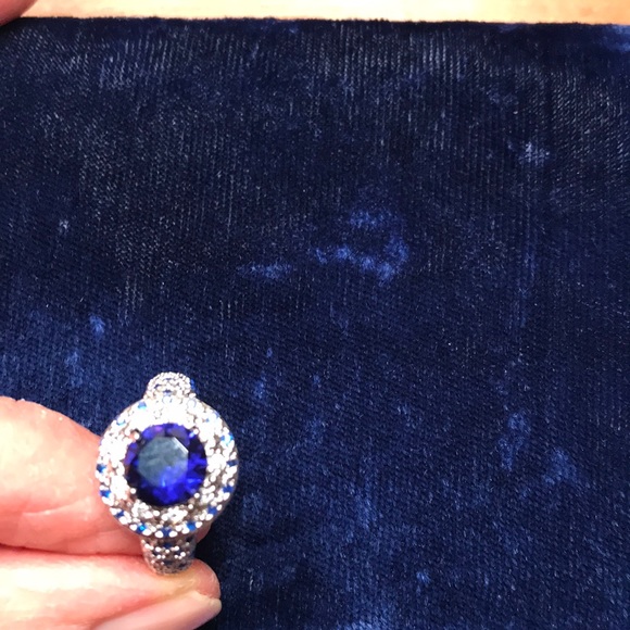 Deep Sapphire Blue and Silver Tone Fashion Ring - Picture 4 of 6